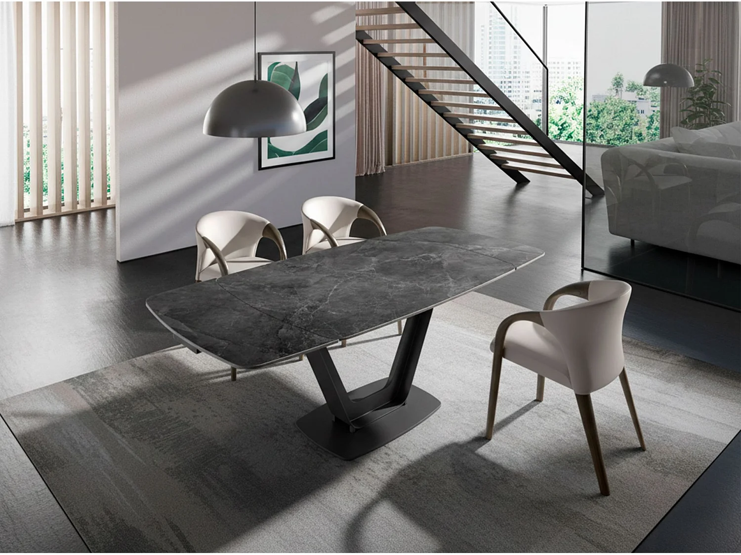 Table à manger à rallonge baril ovale marbre porcelaine et acier noir 1132 ANGEL CERDA