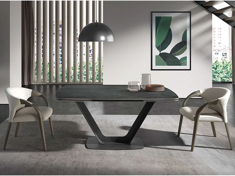 Ausziehbarer Esstisch ovales Fass porzellanmarmor aus schwarzer Epoxidstahl 1132 ANGEL CERDA