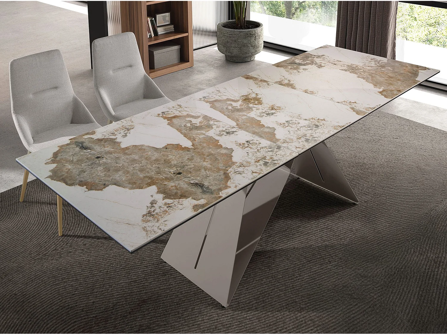 Table de salle à manger rectangulaire à rallonge en marbre porcelaine et acier gris taupe 1114 ANGEL CERDA