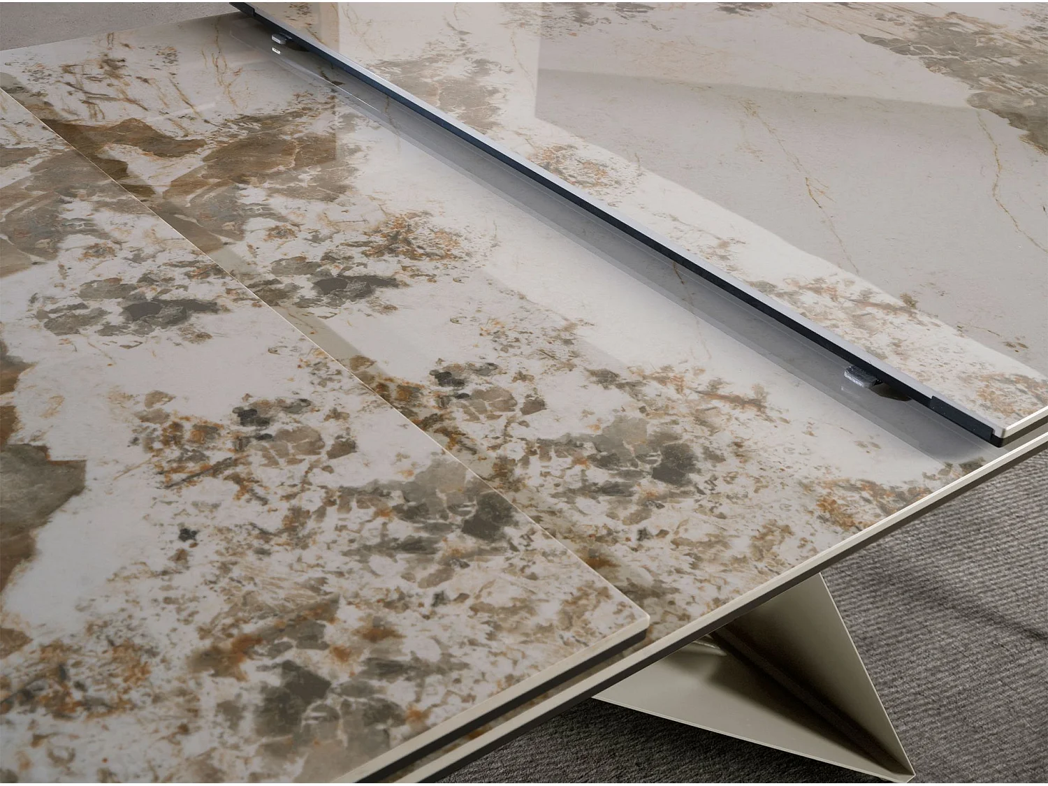 Table de salle à manger rectangulaire à rallonge en marbre porcelaine et acier gris taupe 1114 ANGEL CERDA