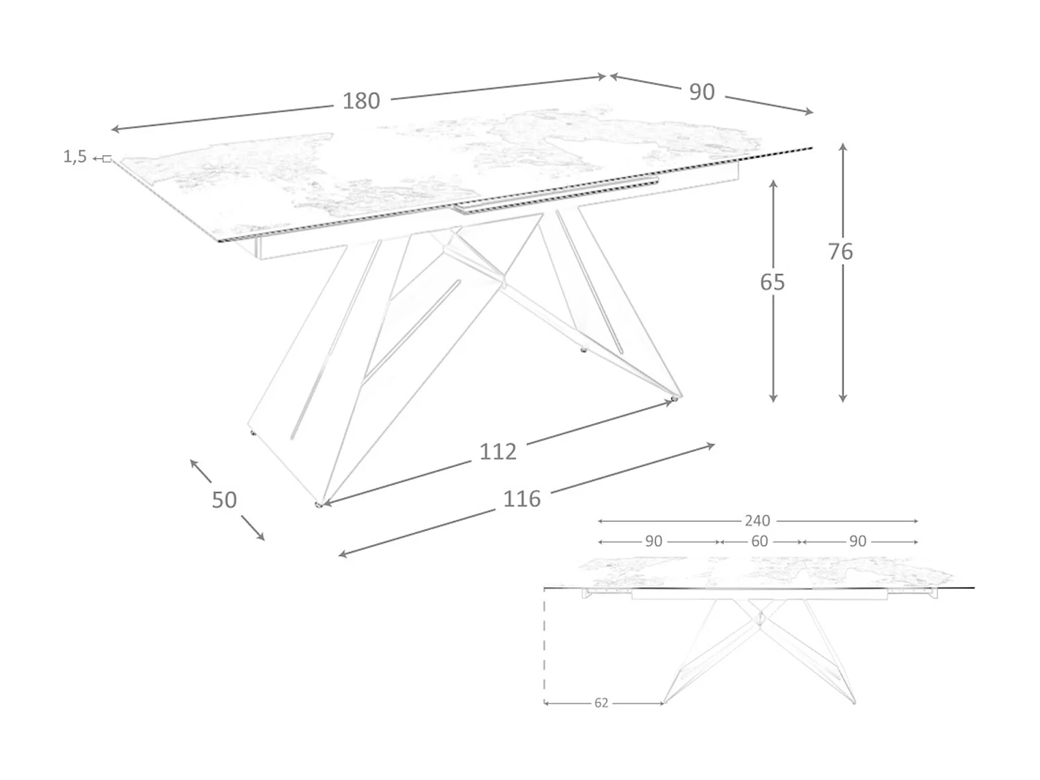 Table de salle à manger rectangulaire à rallonge en marbre porcelaine et acier gris taupe 1114 ANGEL CERDA