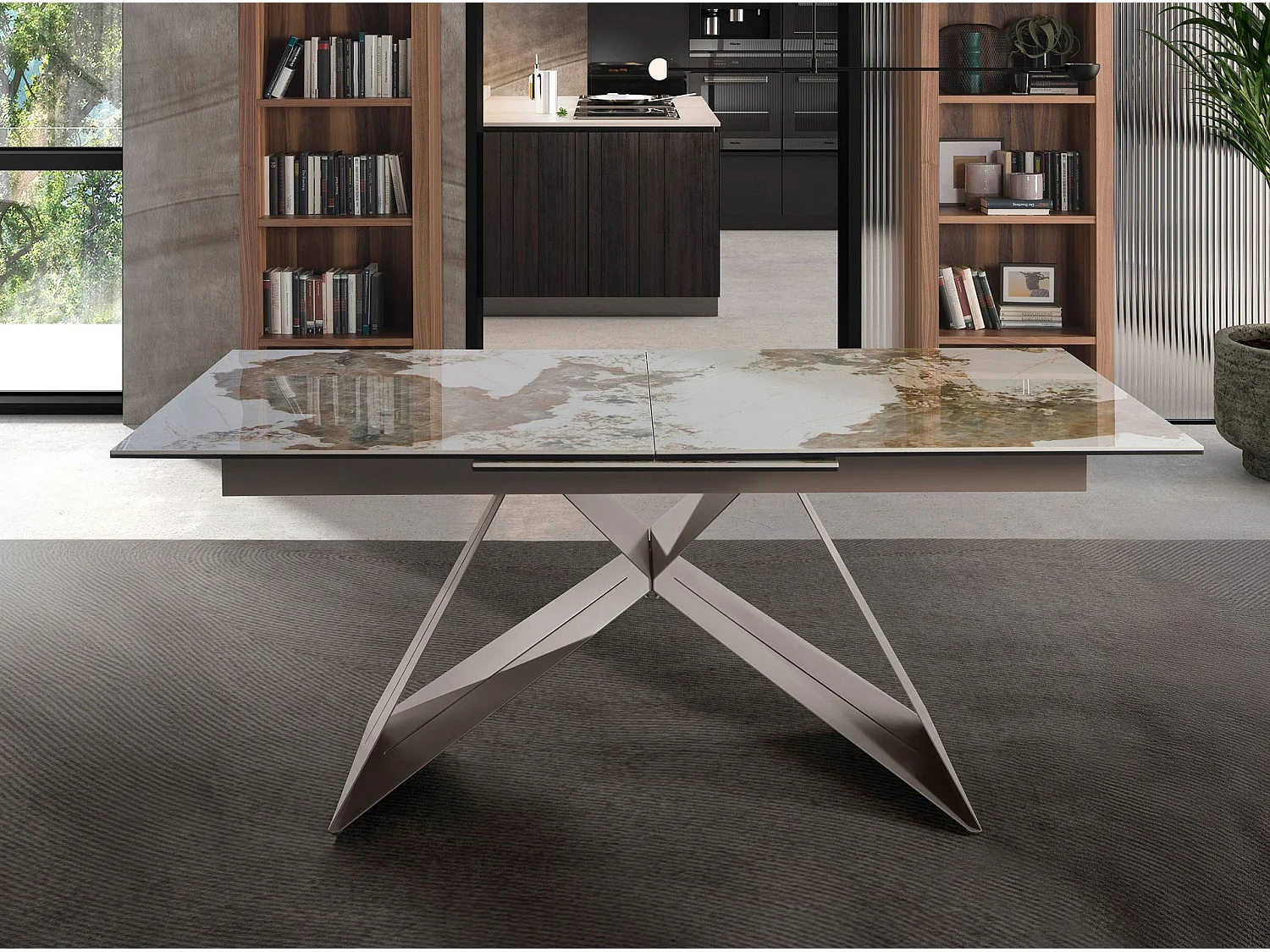 Rechteckiger ausziehbarer Esstisch aus Porzellanmarmor und taupefarbenem Stahl 1114 ANGEL CERDA