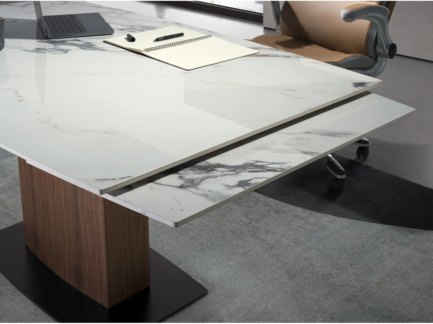 Table à manger à rallonge baril ovale marbre porcelaine et noyer 1133 ANGEL CERDA