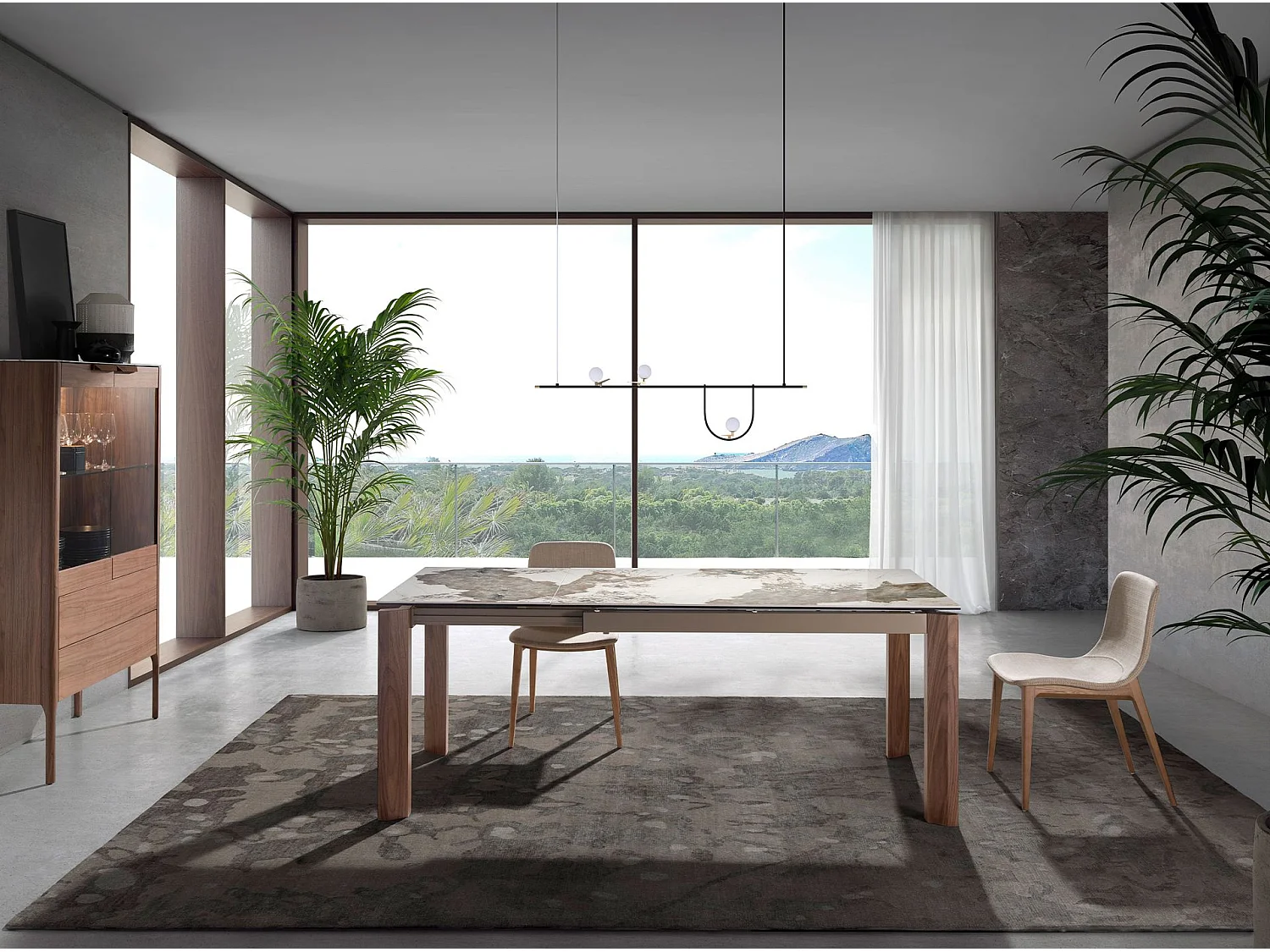 Table à manger à rallonge rectangulaire marbre porcelaine et noyer 1118 ANGEL CERDA