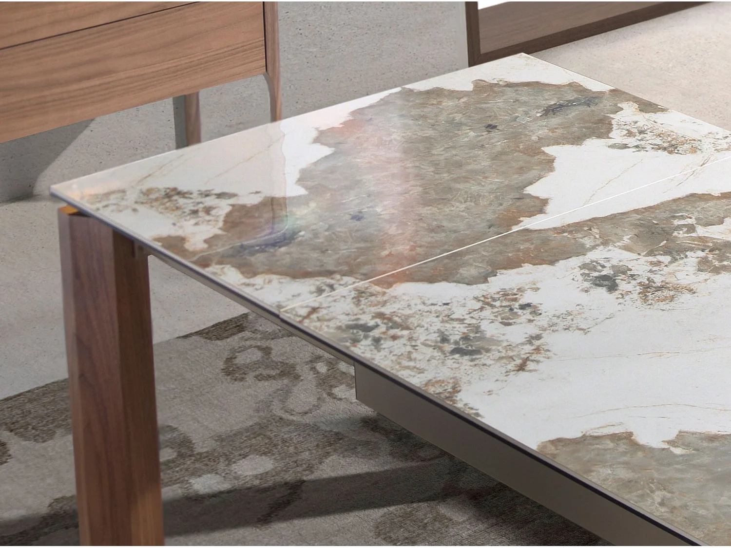 Table à manger à rallonge rectangulaire marbre porcelaine et noyer 1118 ANGEL CERDA