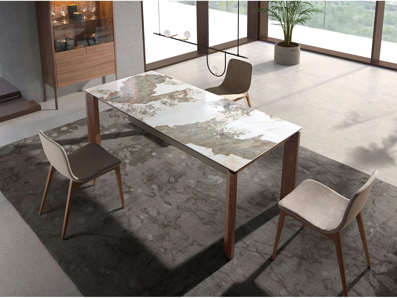 Table à manger à rallonge rectangulaire marbre porcelaine et noyer 1118 ANGEL CERDA