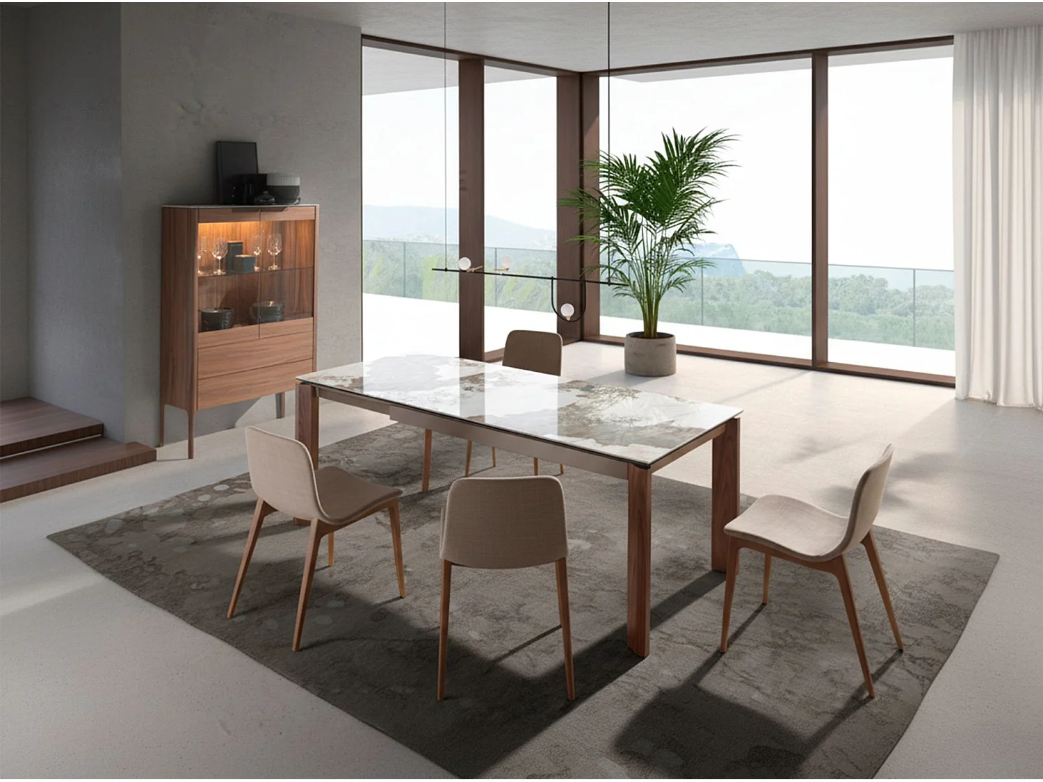 Table à manger à rallonge rectangulaire marbre porcelaine et noyer 1118 ANGEL CERDA