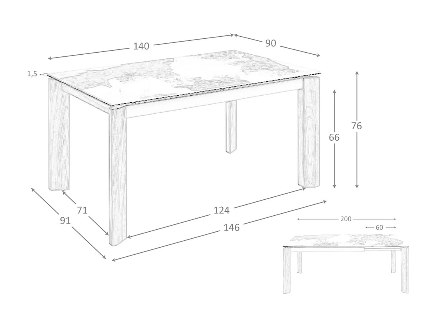 Table à manger à rallonge rectangulaire marbre porcelaine et noyer 1118 ANGEL CERDA