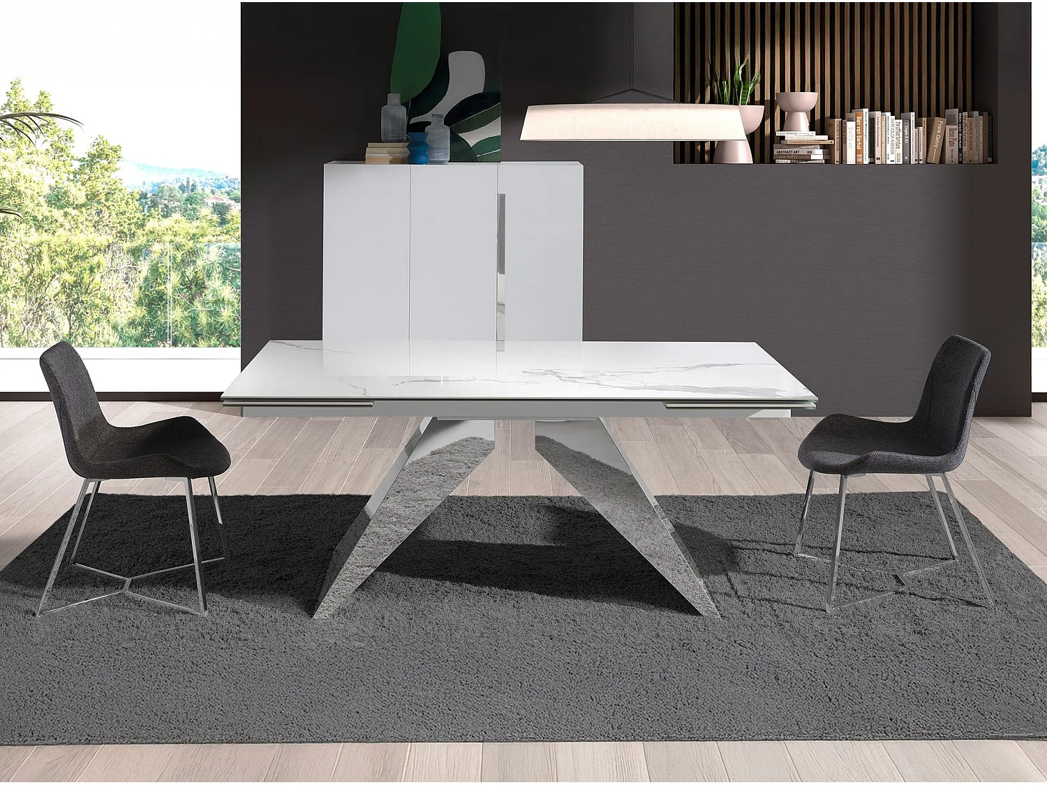 Rectangular porcelain marble and chrome-plated steel extending dining table 1116 ANGEL CERDA