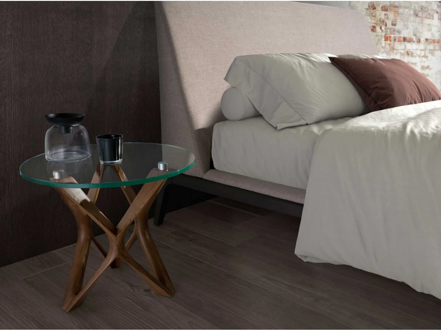 Table d'angle ronde en verre trempé et noyer 2127 ANGEL CERDA