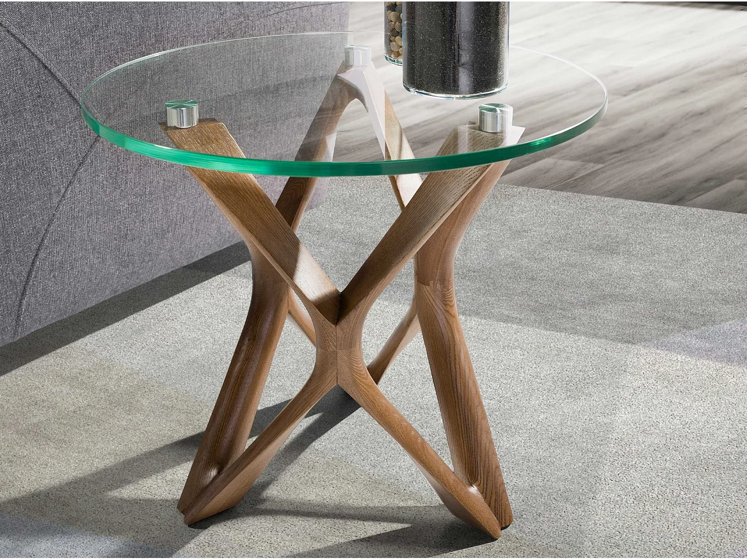 Table d'angle ronde en verre trempé et noyer 2127 ANGEL CERDA