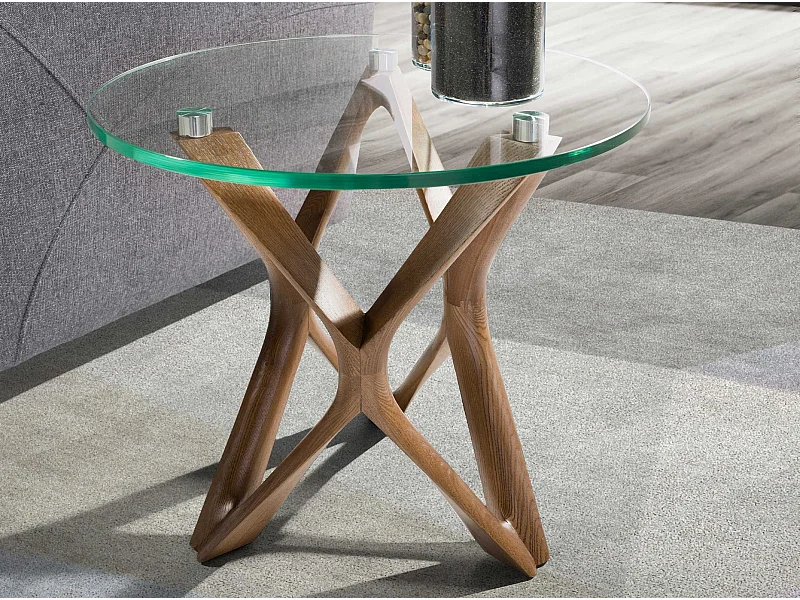 Tavolo angolare rotondo in vetro temperato e noce 2127 ANGEL CERDA