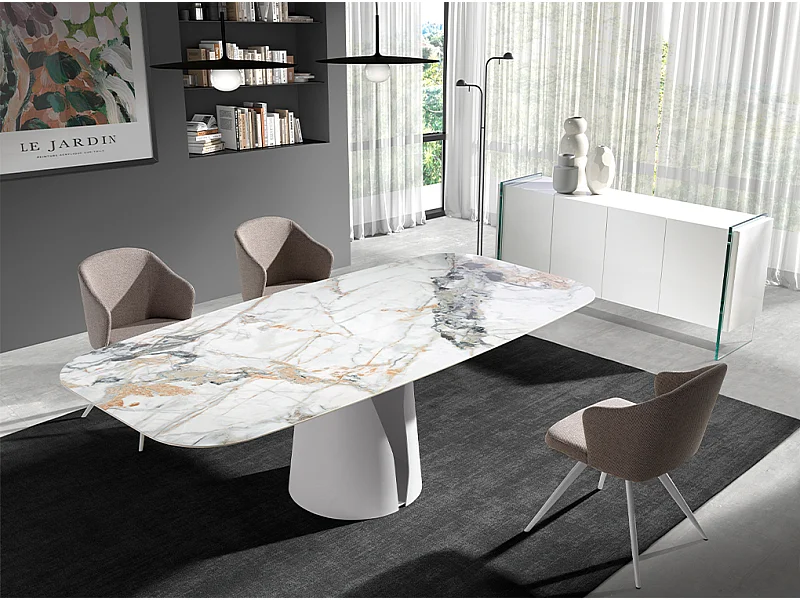 Table à manger baril ovale marbre porcelaine et acier blanc 1135 ANGEL CERDA