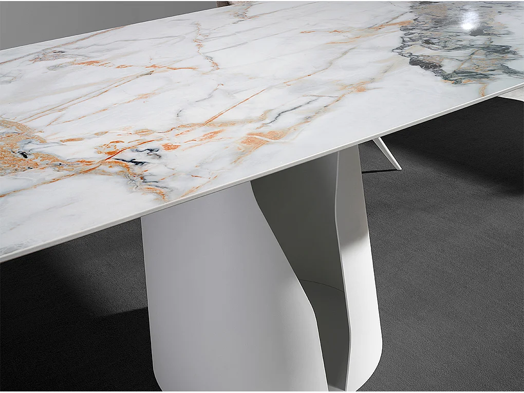 Table à manger baril ovale marbre porcelaine et acier blanc 1135 ANGEL CERDA