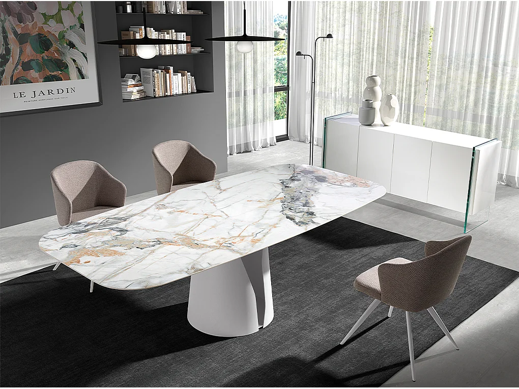 Table à manger baril ovale marbre porcelaine et acier blanc 1135 ANGEL CERDA