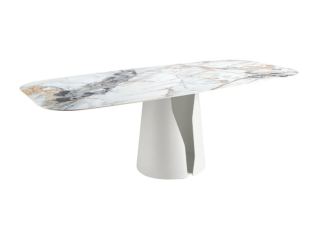 Table à manger baril ovale marbre porcelaine et acier blanc 1135 ANGEL CERDA