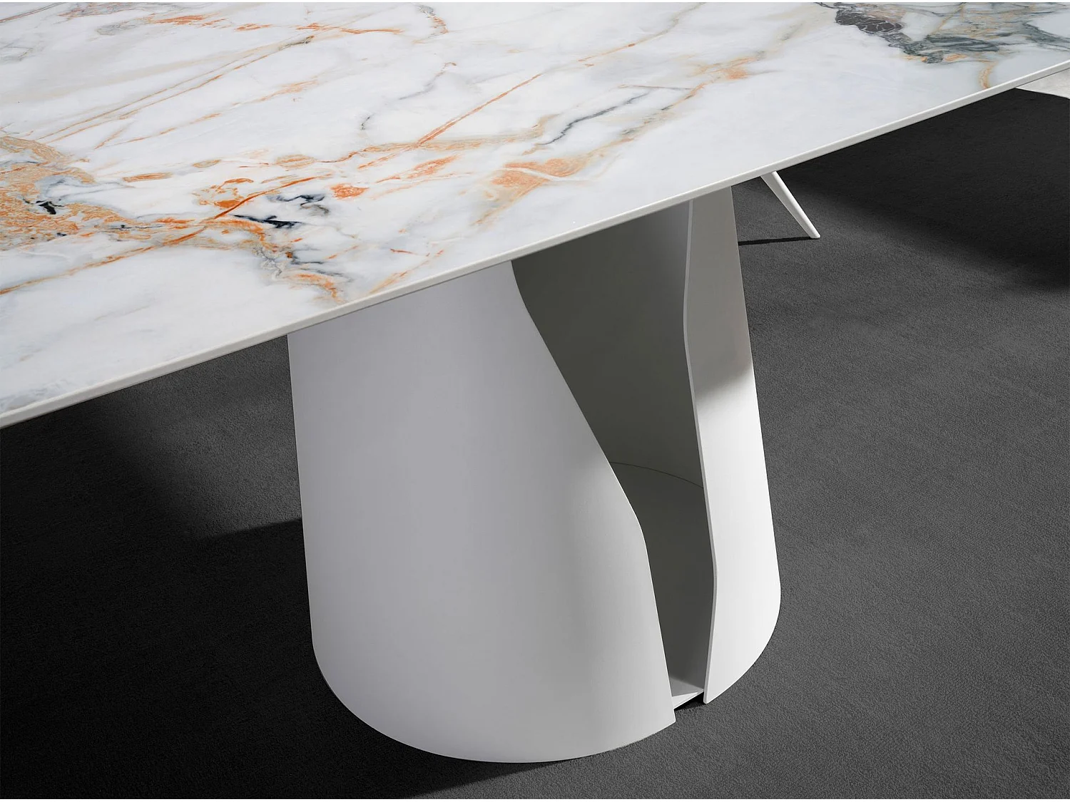 Table à manger baril ovale marbre porcelaine et acier blanc 1135 ANGEL CERDA