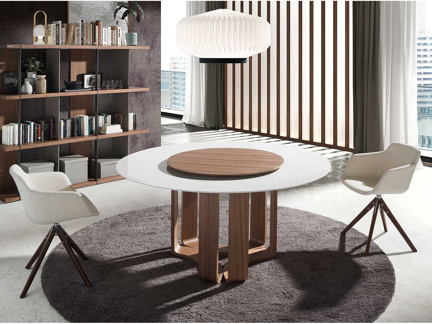 Table à manger ronde marbre porcelaine et noyer 1137 ANGEL CERDA