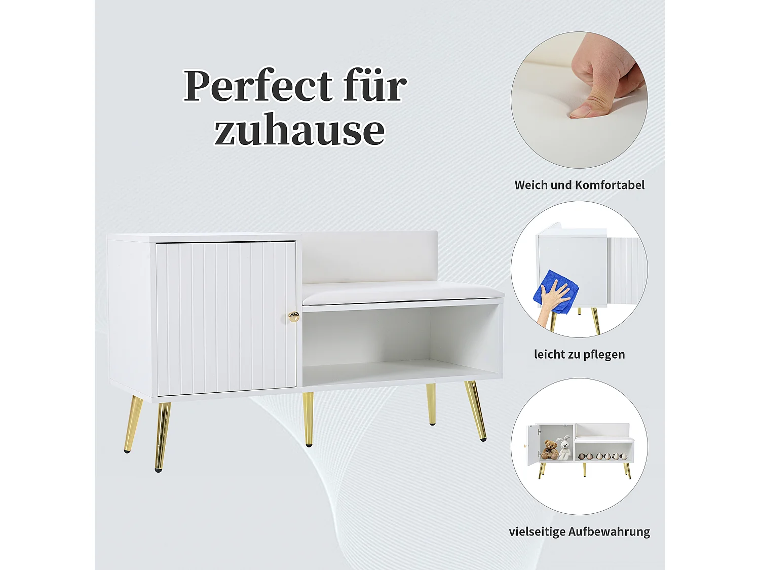 Moderne Schuhbank mit 3 Türen und Kissen – Beine und Griffe aus Metall – Farbe Weiß – 100 x 38 x 58 cm