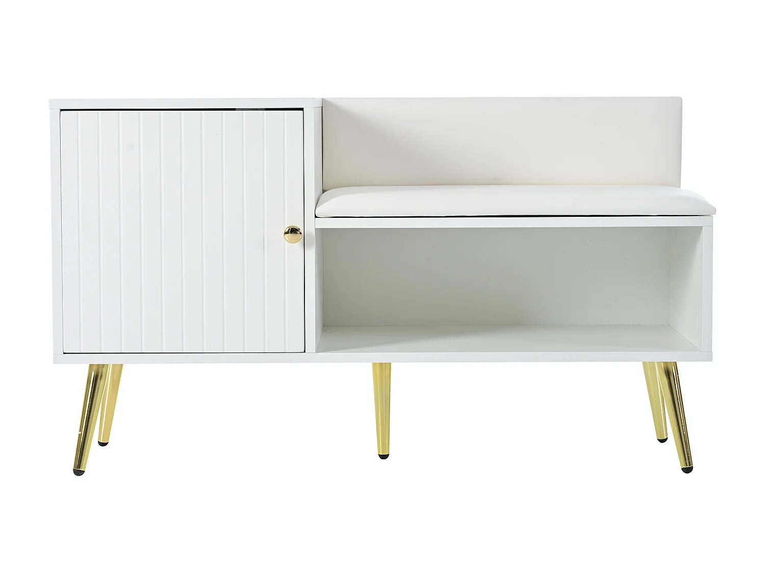 Moderne Schuhbank mit 3 Türen und Kissen – Beine und Griffe aus Metall – Farbe Weiß – 100 x 38 x 58 cm