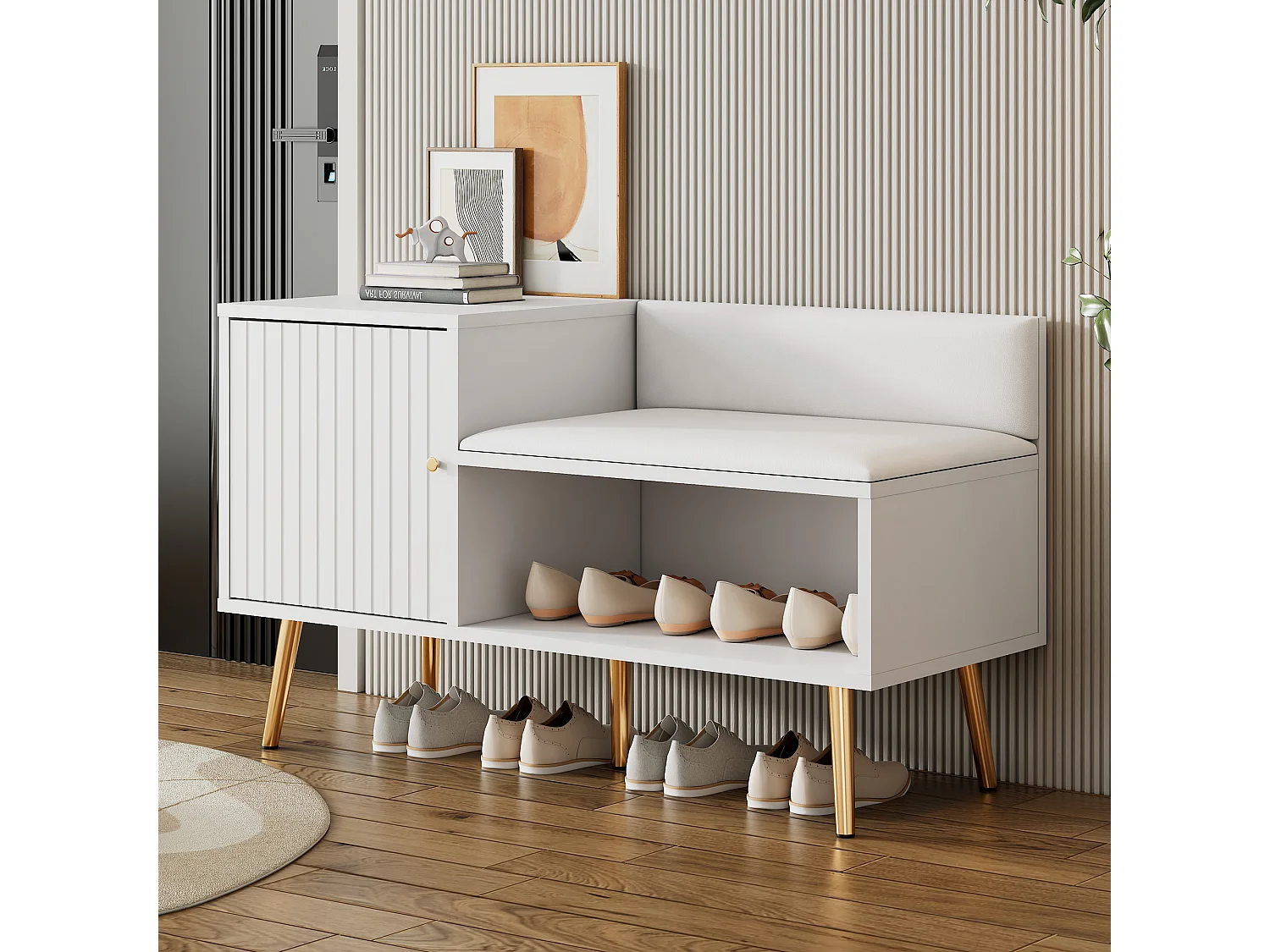 Panca scarpiera moderna con 3 ante e cuscino - gambe e maniglie in metallo - colore bianco - 100 x 38 x 58 cm