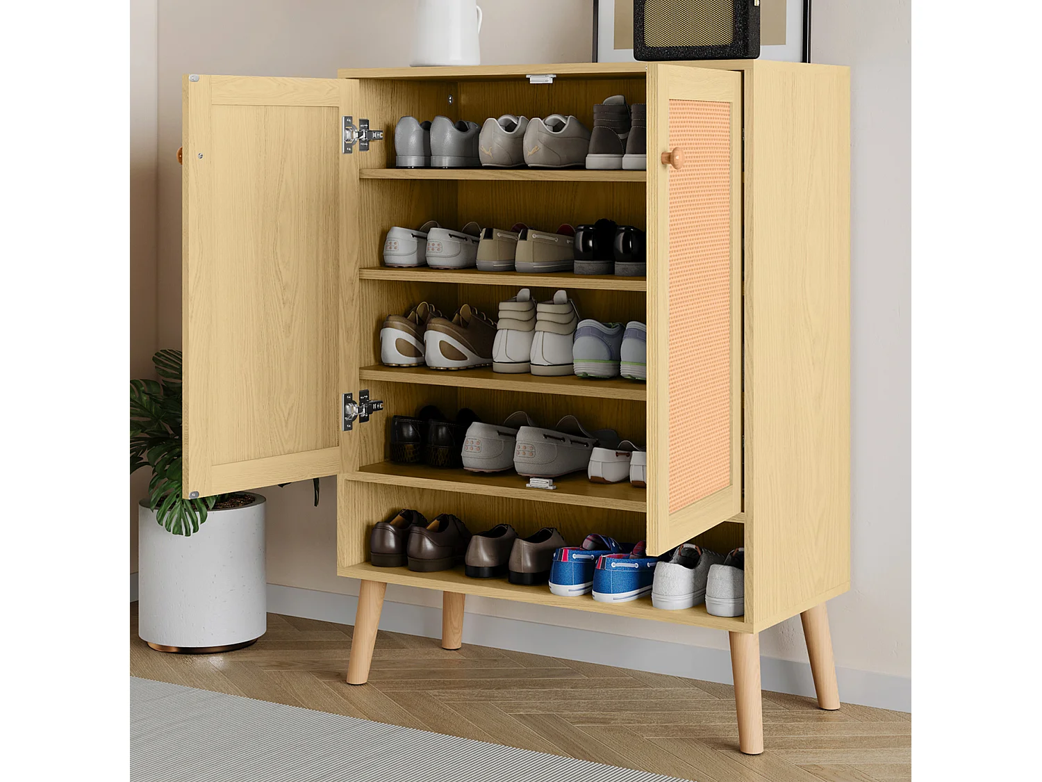 Meuble à chaussures 2 portes et 5 étagères - Bois massif - avec poignées et pieds en bois - Coloris naturel