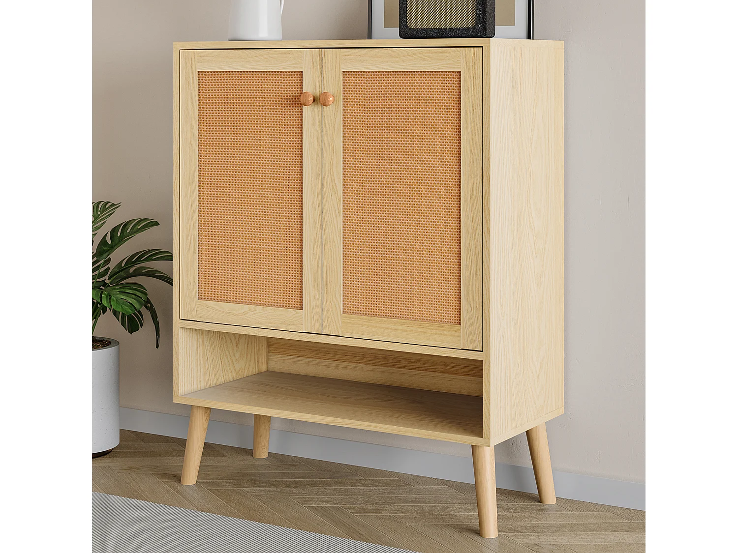 Meuble à chaussures 2 portes et 5 étagères - Bois massif - avec poignées et pieds en bois - Coloris naturel