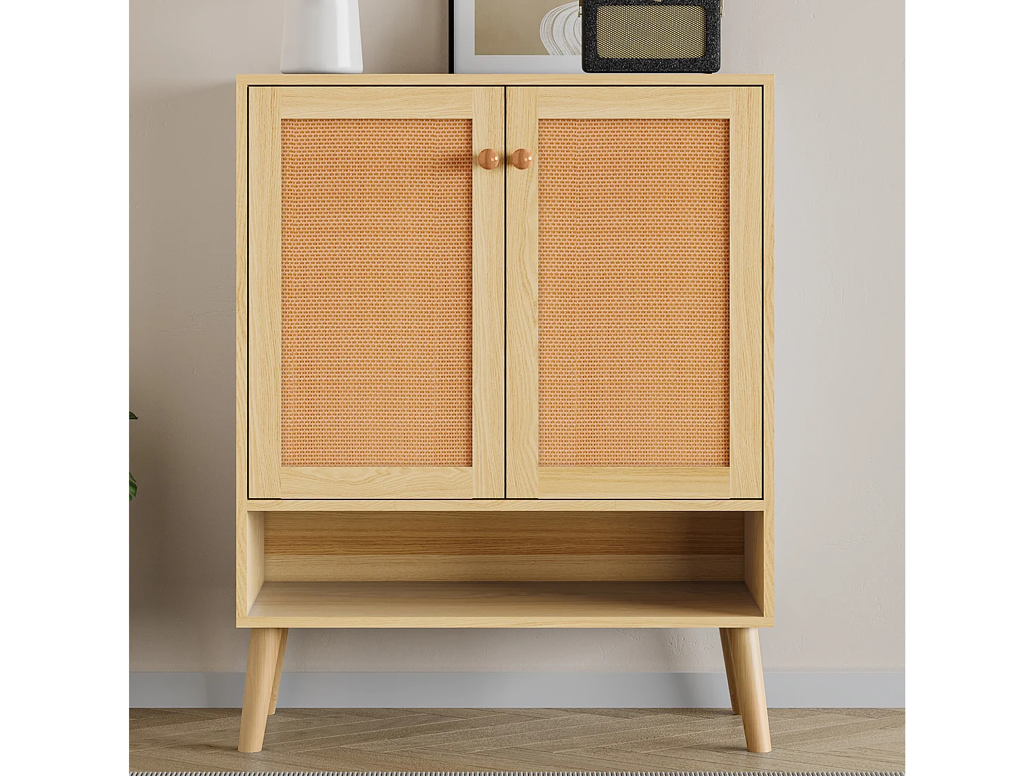 Meuble à chaussures 2 portes et 5 étagères - Bois massif - avec poignées et pieds en bois - Coloris naturel