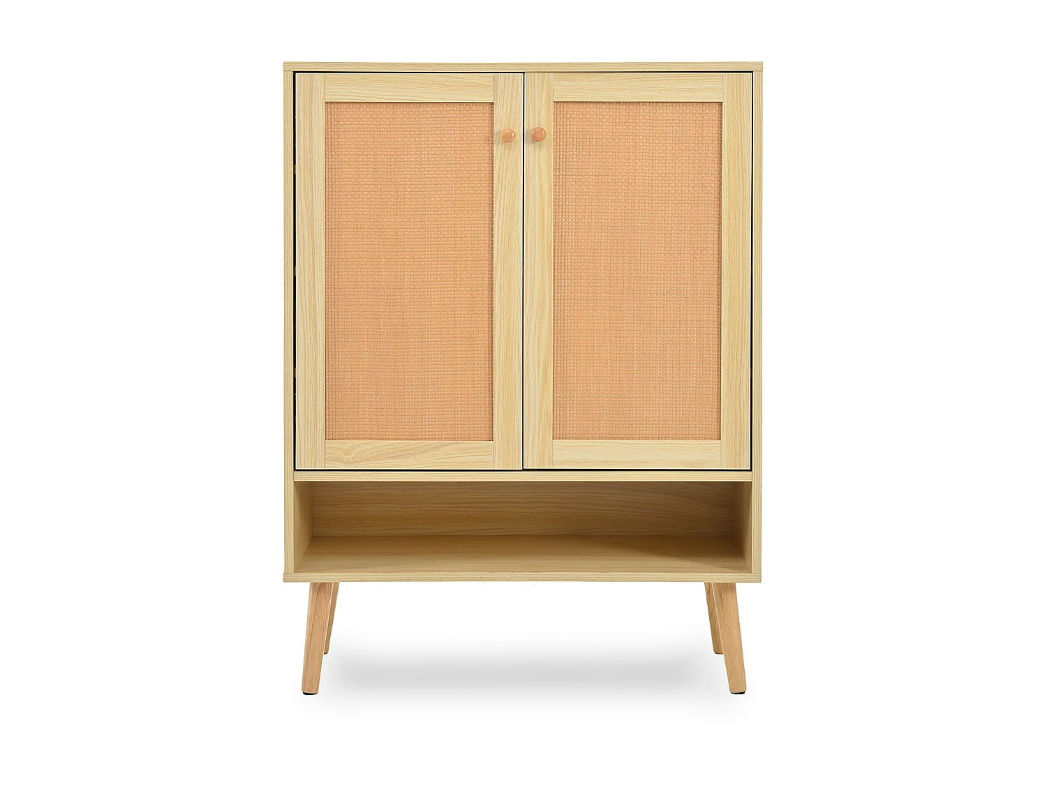 Meuble à chaussures 2 portes et 5 étagères - Bois massif - avec poignées et pieds en bois - Coloris naturel