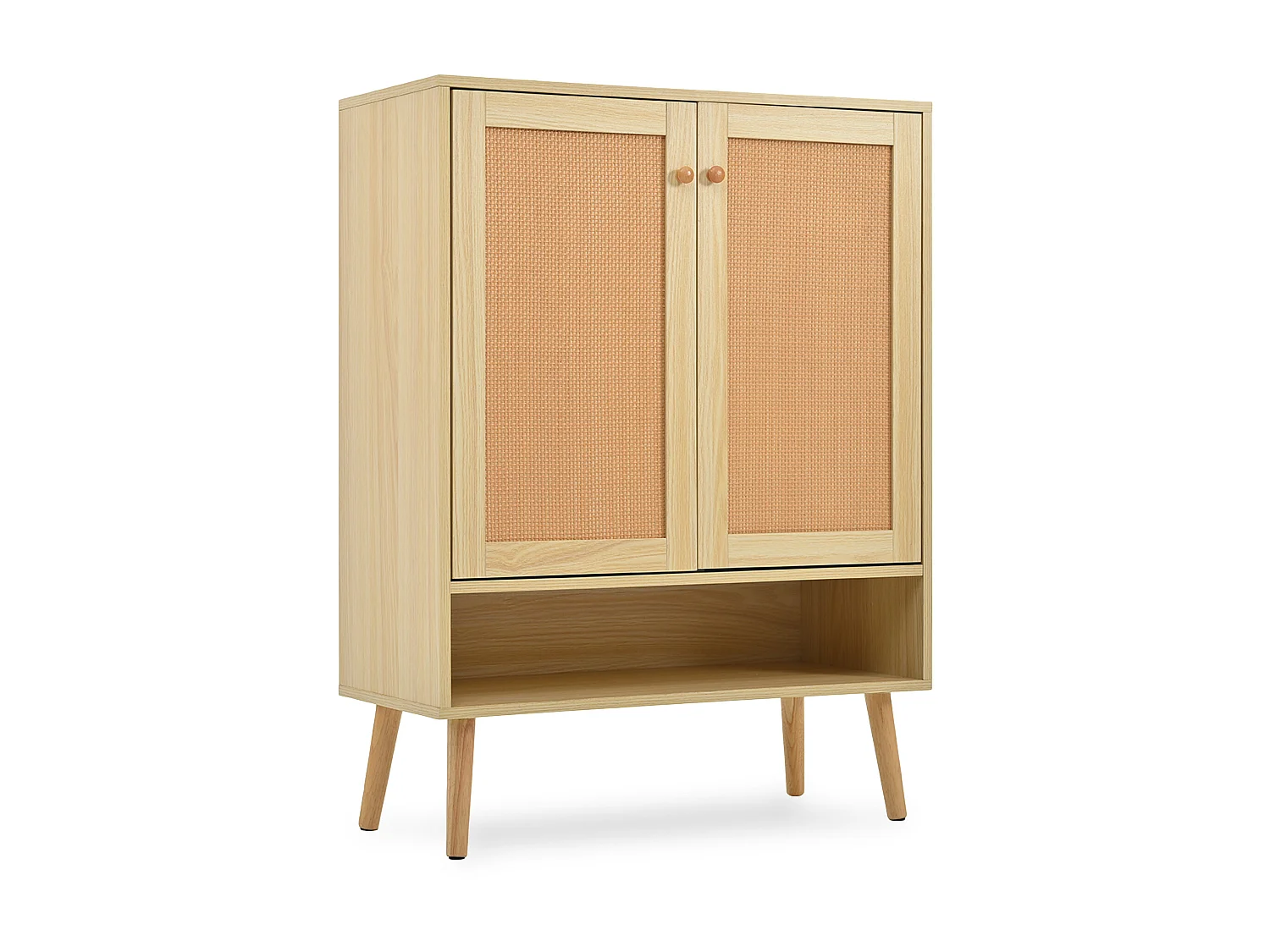 Meuble à chaussures 2 portes et 5 étagères - Bois massif - avec poignées et pieds en bois - Coloris naturel