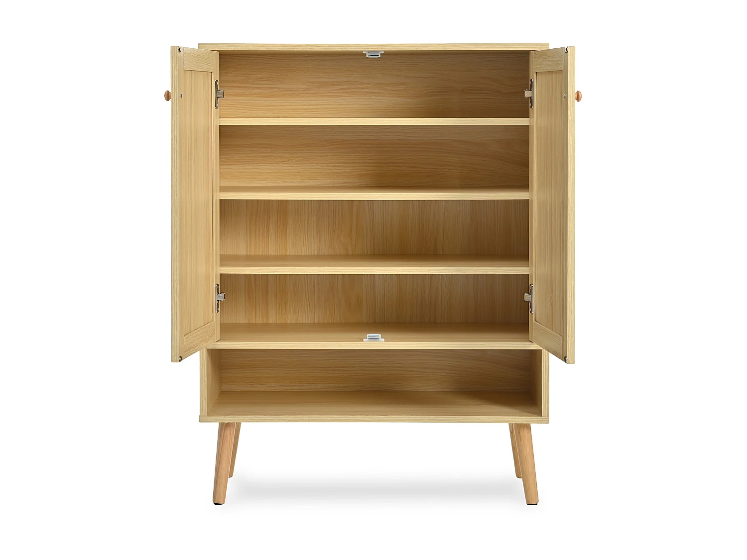 Meuble à chaussures 2 portes et 5 étagères - Bois massif - avec poignées et pieds en bois - Coloris naturel