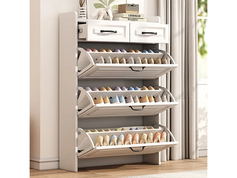 Schoenenkast met 3 grote kleppen en 2 laden - Metalen handgrepen - Kleur wit - 80 x 23,5 x 120 cm