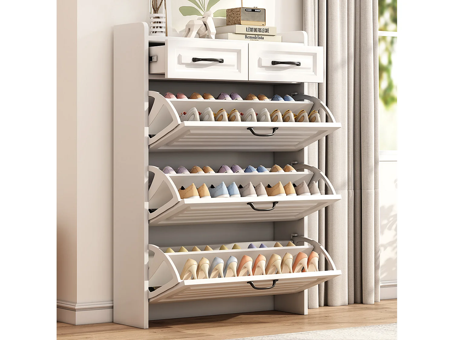 Schoenenkast met 3 grote kleppen en 2 laden - Metalen handgrepen - Kleur wit - 80 x 23,5 x 120 cm