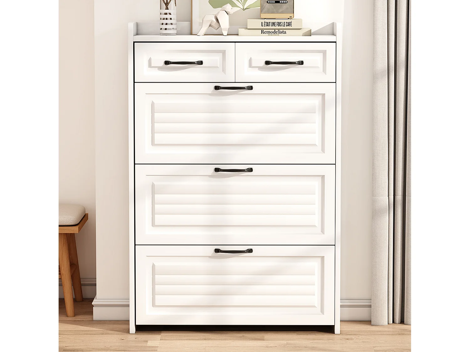 Schoenenkast met 3 grote kleppen en 2 laden - Metalen handgrepen - Kleur wit - 80 x 23,5 x 120 cm