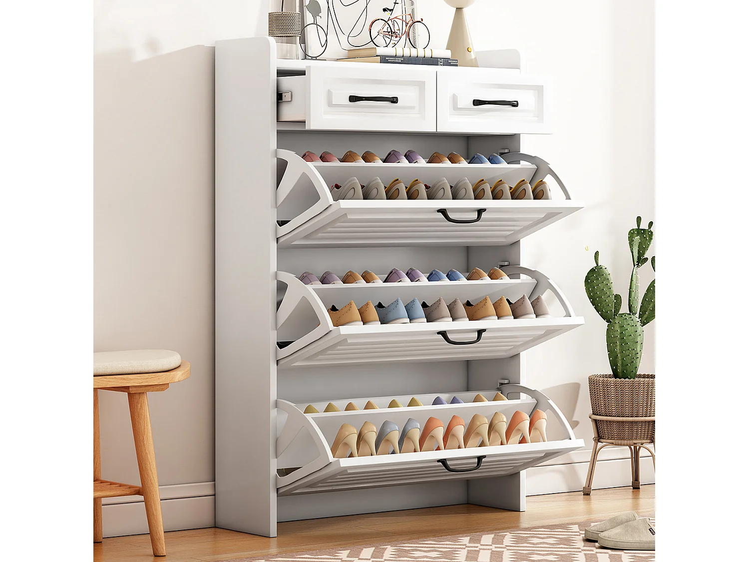 Schoenenkast met 3 grote kleppen en 2 laden - Metalen handgrepen - Kleur wit - 80 x 23,5 x 120 cm