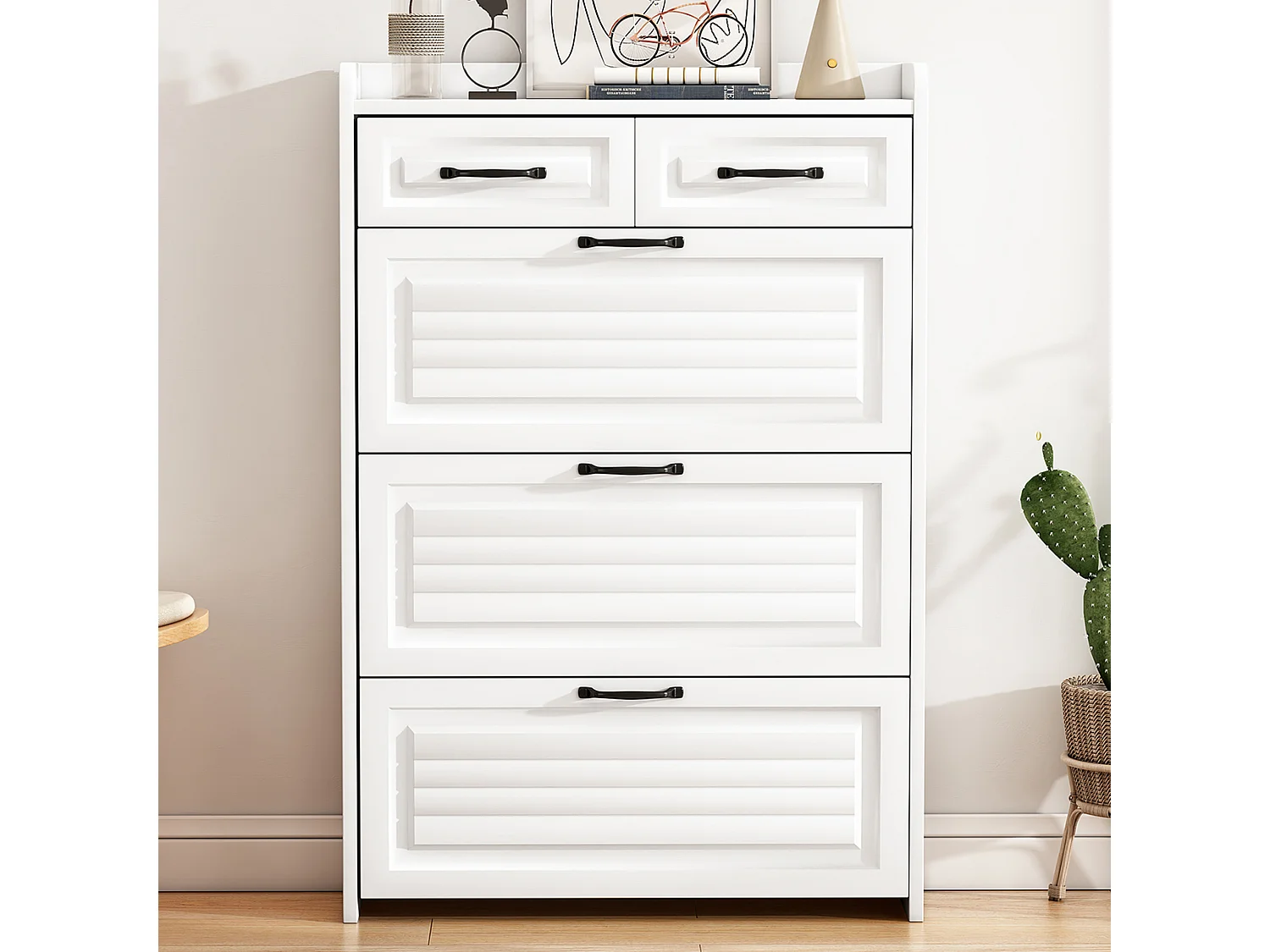 Schoenenkast met 3 grote kleppen en 2 laden - Metalen handgrepen - Kleur wit - 80 x 23,5 x 120 cm