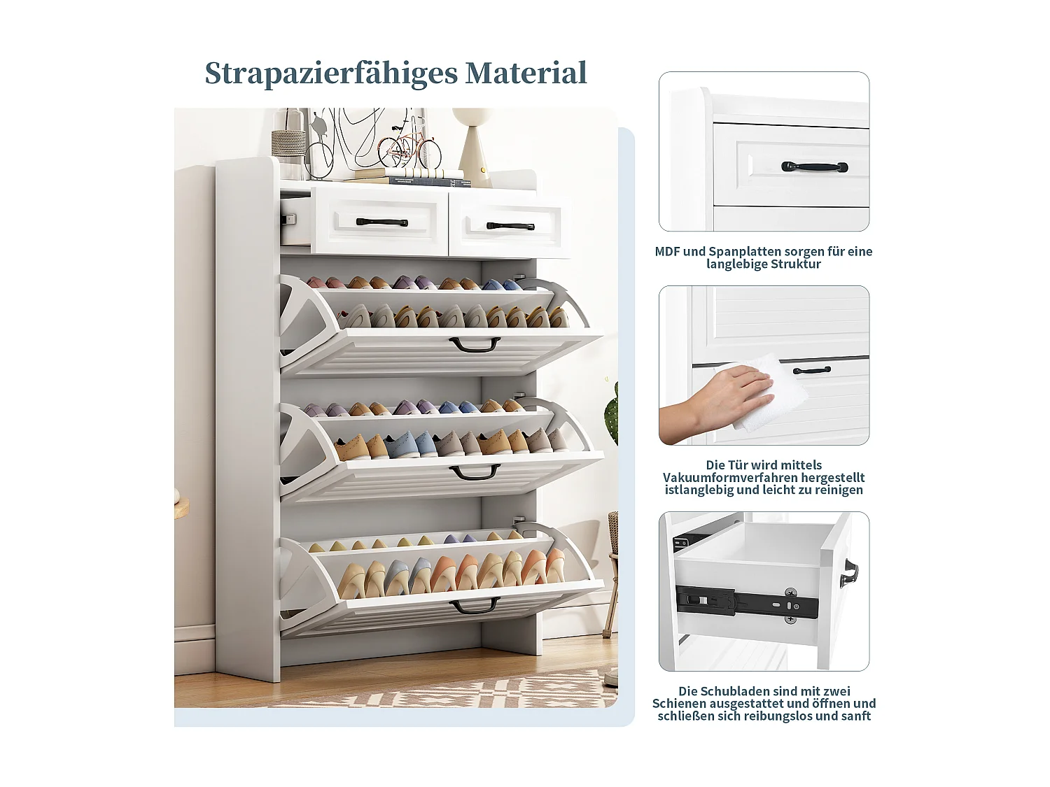 Schoenenkast met 3 grote kleppen en 2 laden - Metalen handgrepen - Kleur wit - 80 x 23,5 x 120 cm