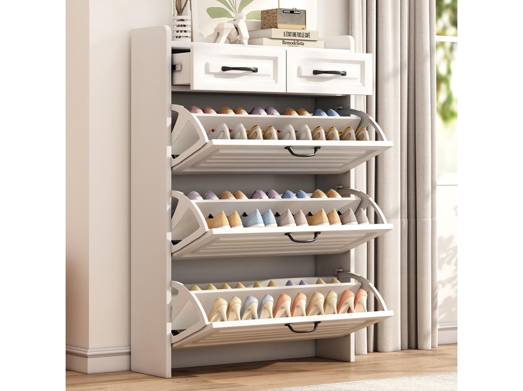 Schoenenkast met 3 grote kleppen en 2 laden - Metalen handgrepen - Kleur wit - 80 x 23,5 x 120 cm