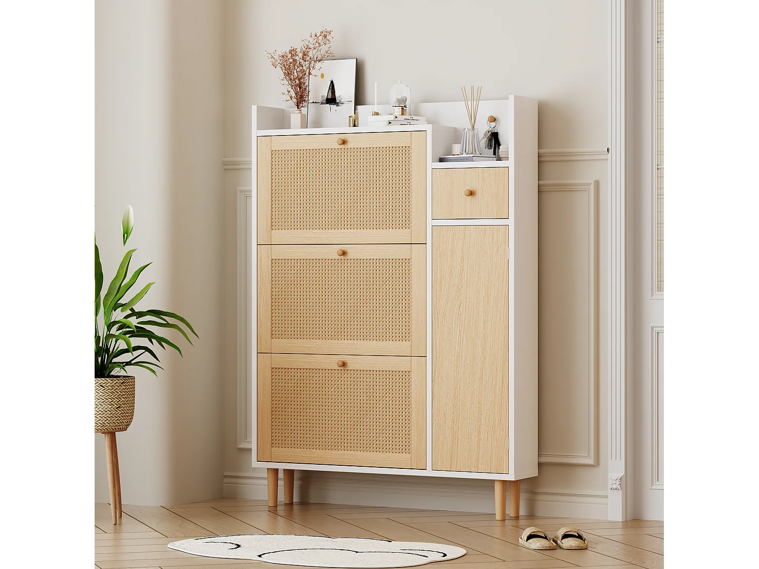 Szafka na buty z 3 drzwiami opuszczanymi i 1 szufladą, wymiary 90L x 17W x 125H cm, imitacja drewna, imitacja trzciny rattanowej, kolor biały + dąb