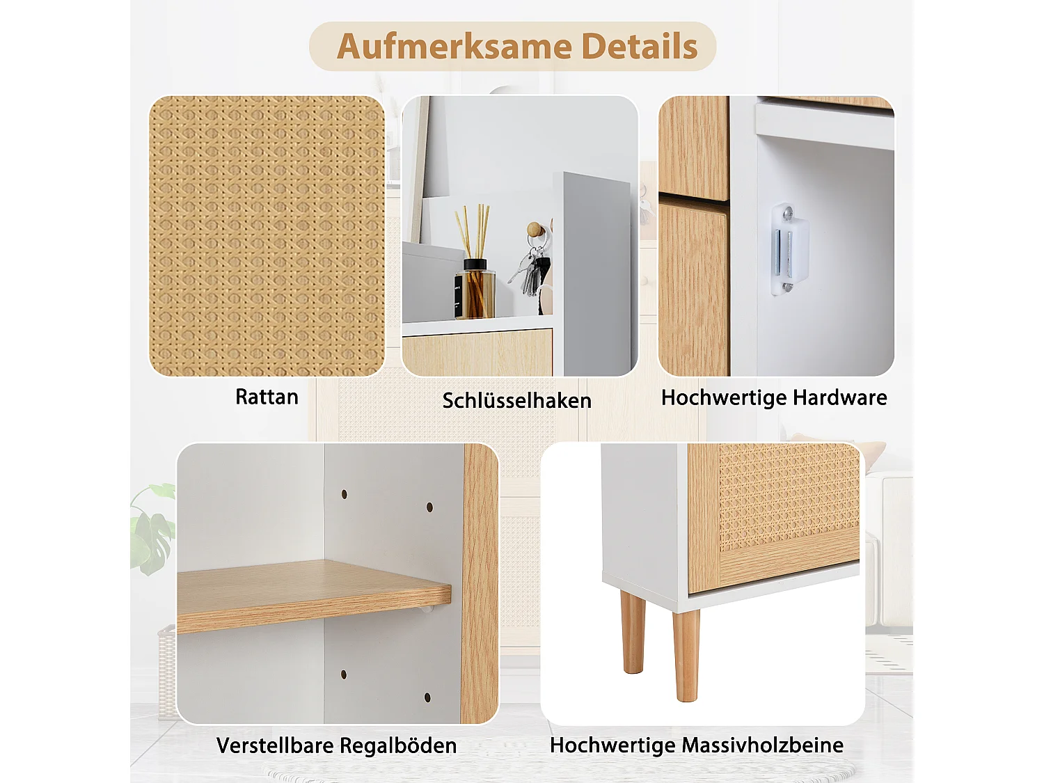 Szafka na buty z 3 drzwiami opuszczanymi i 1 szufladą, wymiary 90L x 17W x 125H cm, imitacja drewna, imitacja trzciny rattanowej, kolor biały + dąb