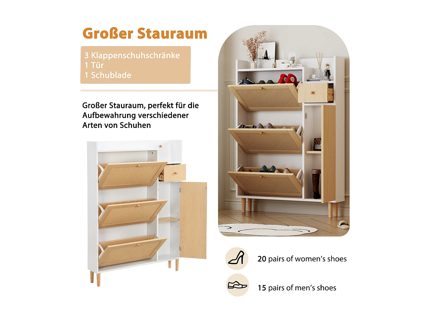 Szafka na buty z 3 drzwiami opuszczanymi i 1 szufladą, wymiary 90L x 17W x 125H cm, imitacja drewna, imitacja trzciny rattanowej, kolor biały + dąb