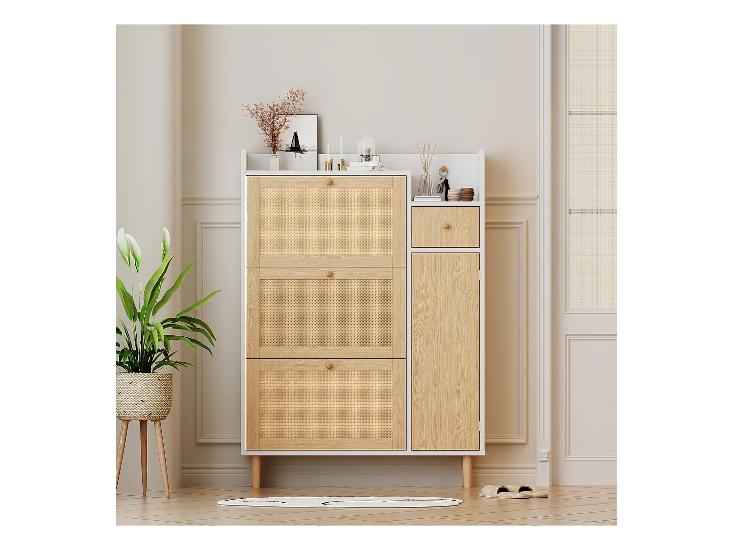 Schuhschrank mit 3 Klapptüren und 1 Schublade, Abmessung 90 L x 17 B x 125 H cm, Holzoptik, Rattanrohr-Effekt, Farbe Weiß + Eiche