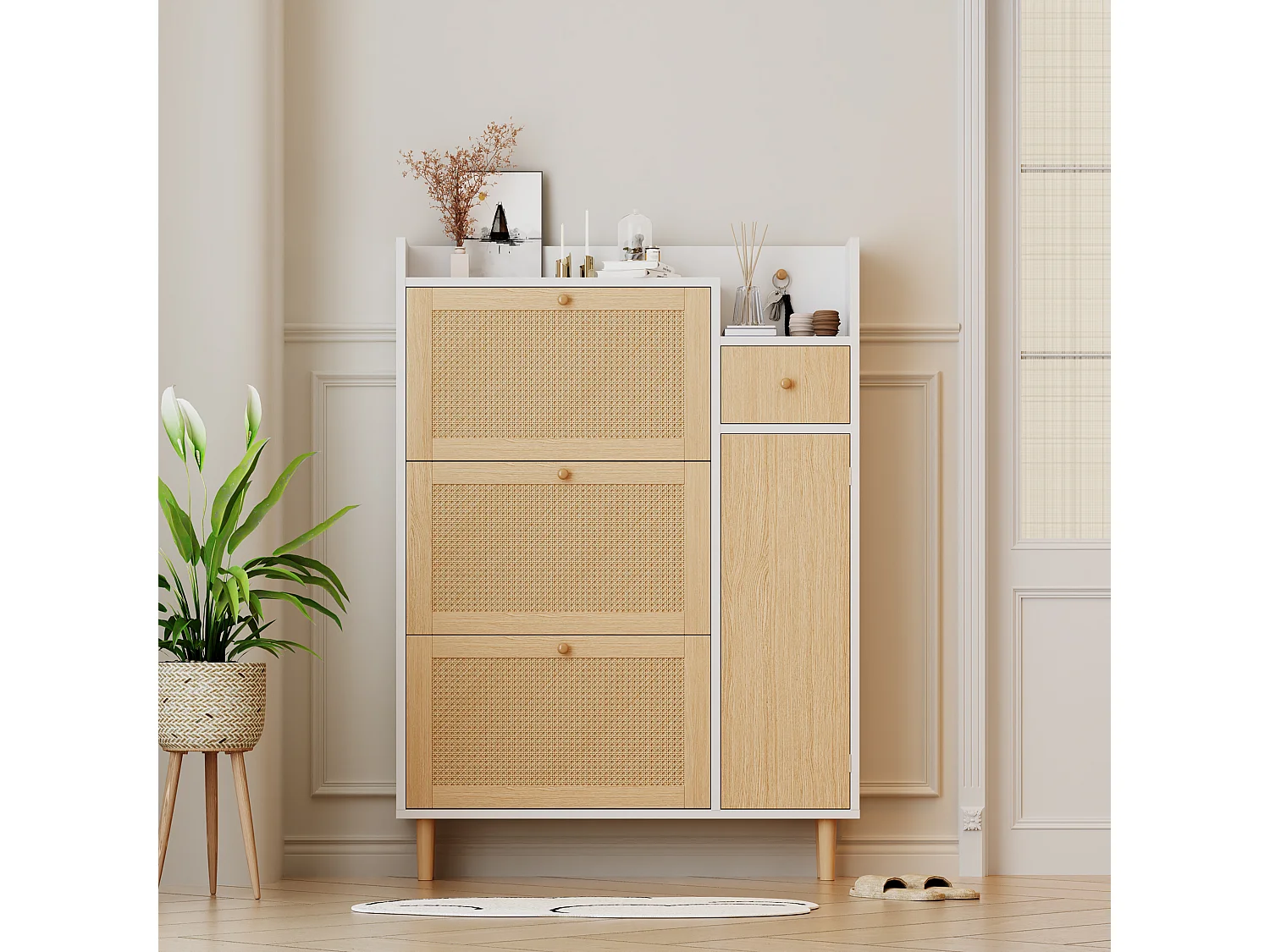 Schoenenkast met 3 klepdeuren en 1 lade afmeting 90L x 17B x 125H cm houtlook rotan rieteffect kleur wit + eiken