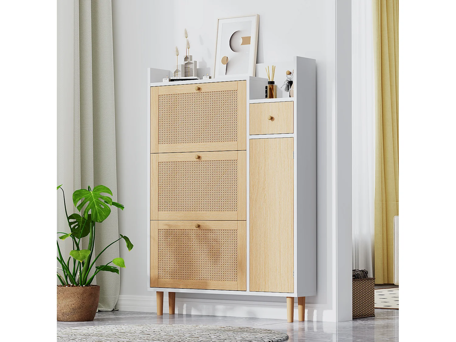 Schoenenkast met 3 klepdeuren en 1 lade afmeting 90L x 17B x 125H cm houtlook rotan rieteffect kleur wit + eiken