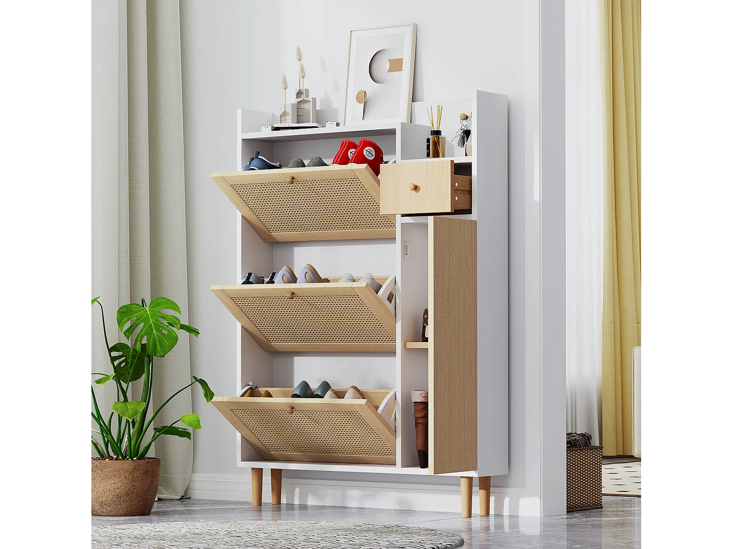 Schoenenkast met 3 klepdeuren en 1 lade afmeting 90L x 17B x 125H cm houtlook rotan rieteffect kleur wit + eiken