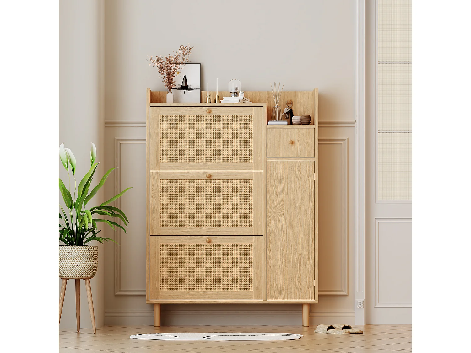 Meuble à chaussures 3 portes abattants et 1 tiroir dim. 90L x 17L x 125H cm aspect bois effet cannage rotin coloris chêne