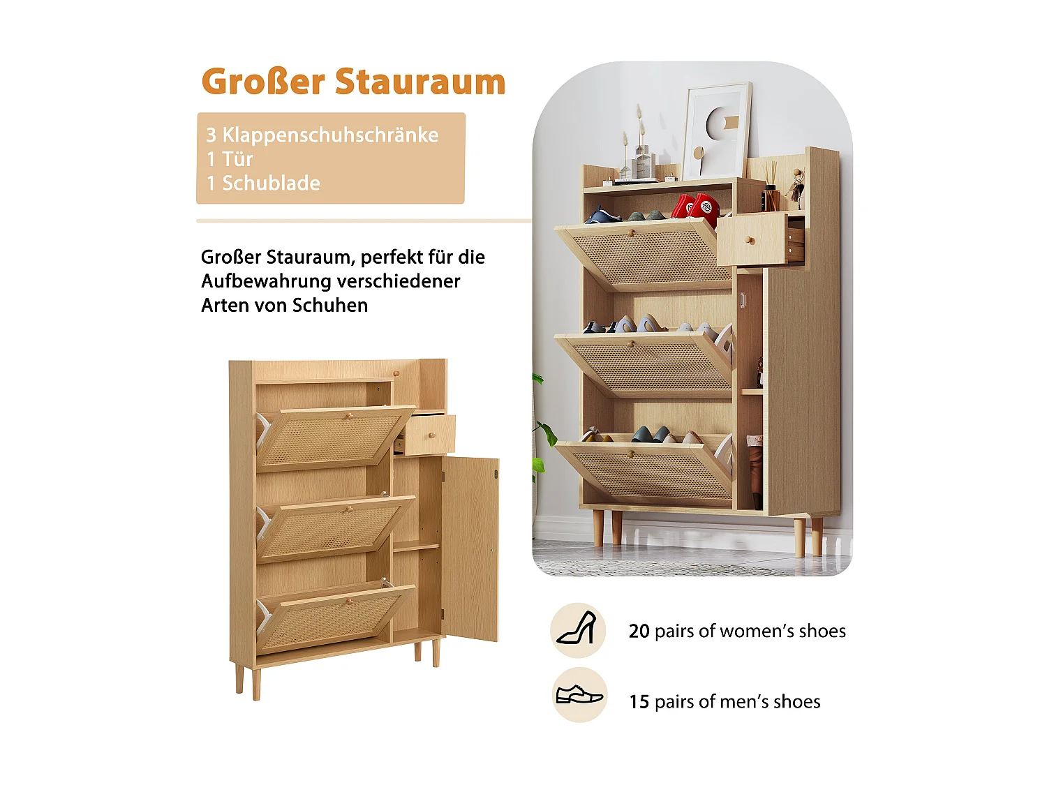 Meuble à chaussures 3 portes abattants et 1 tiroir dim. 90L x 17L x 125H cm aspect bois effet cannage rotin coloris chêne