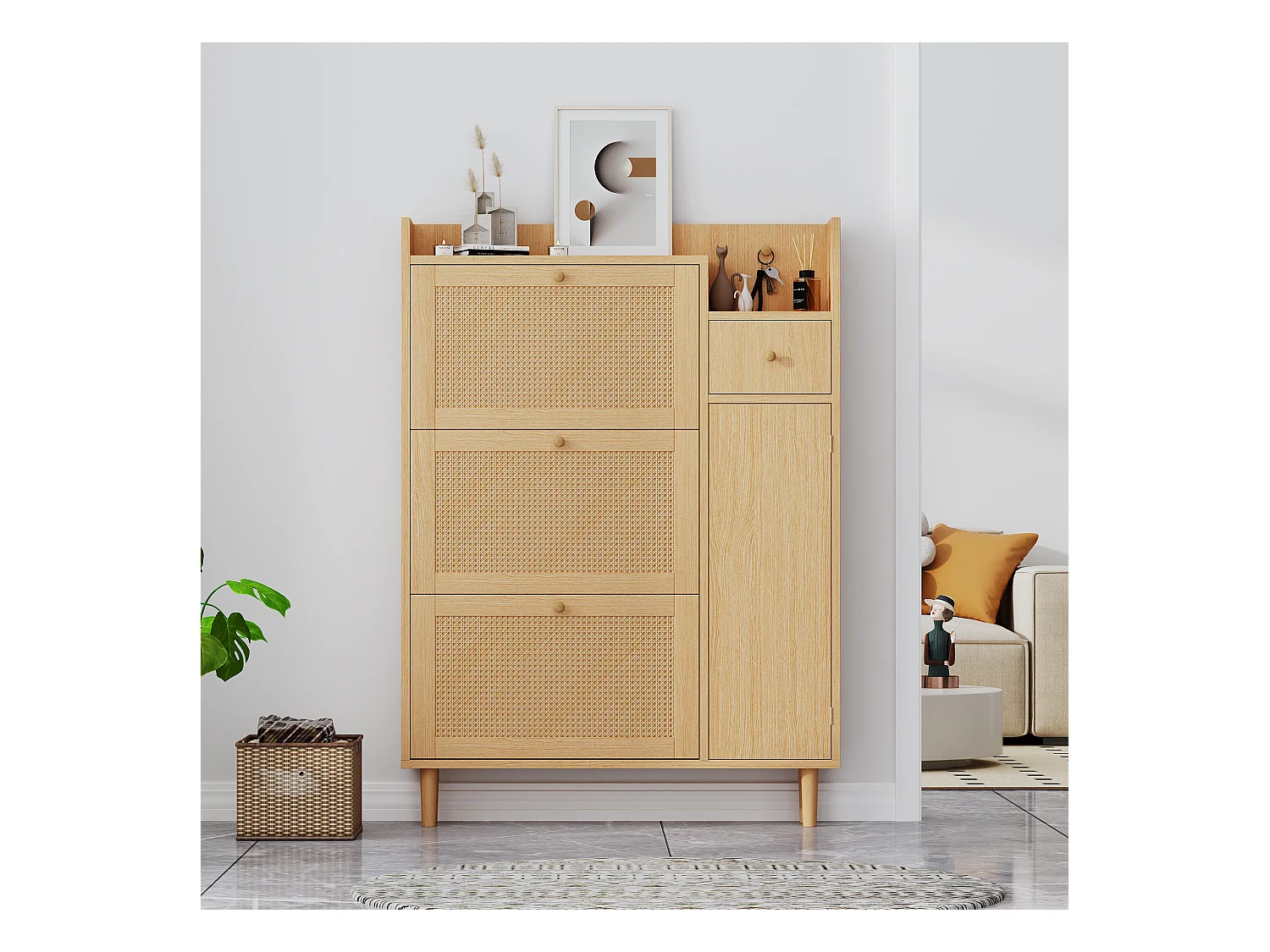 Schuhschrank mit 3 Klapptüren und 1 Schublade, Maße: 90 L x 17 B x 125 H cm, Holzoptik, Rattanrohreffekt, Eichenfarbe