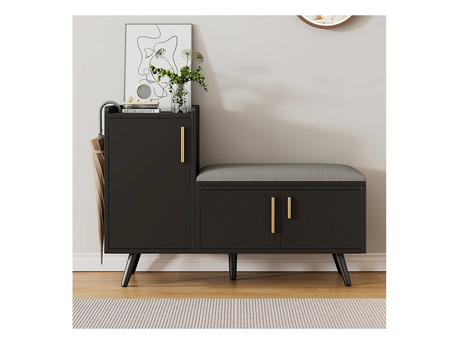 Banc à chaussures moderne avec 3 portes et coussin - pièds et poignées en métal - coloris noir - 100 x 34 x 69 cm