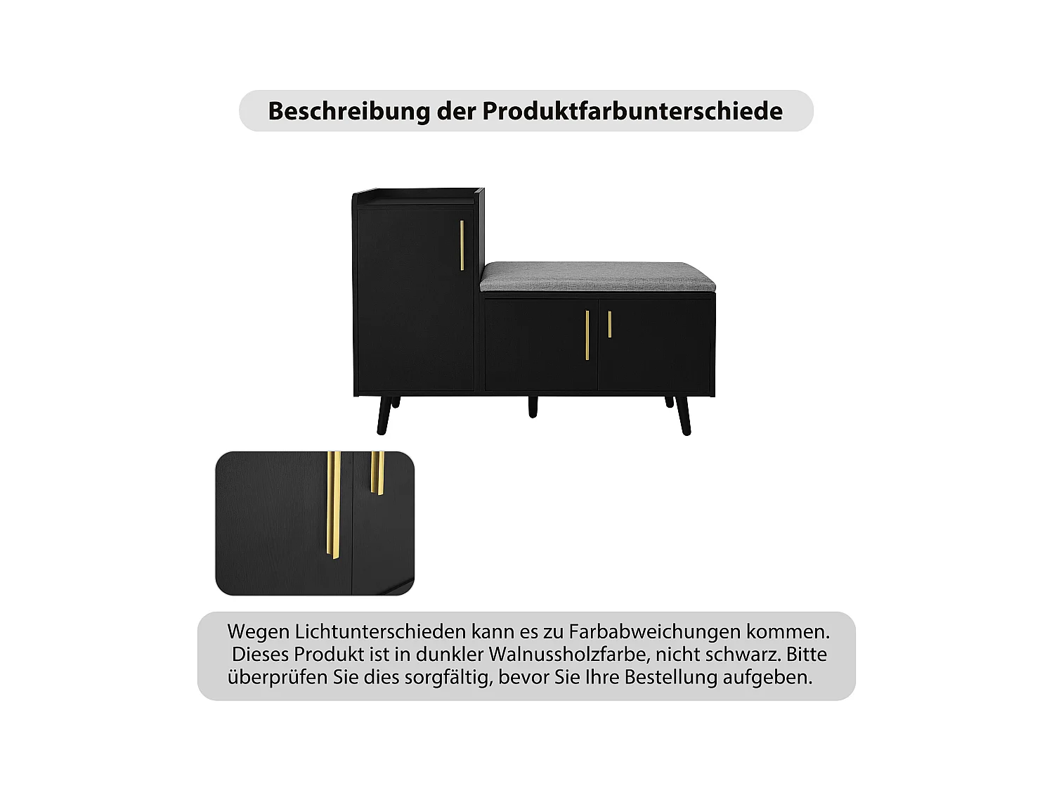 Moderne schoenenbank met 3 deuren en kussen - metalen poten en handgrepen - zwart - 100 x 34 x 69 cm